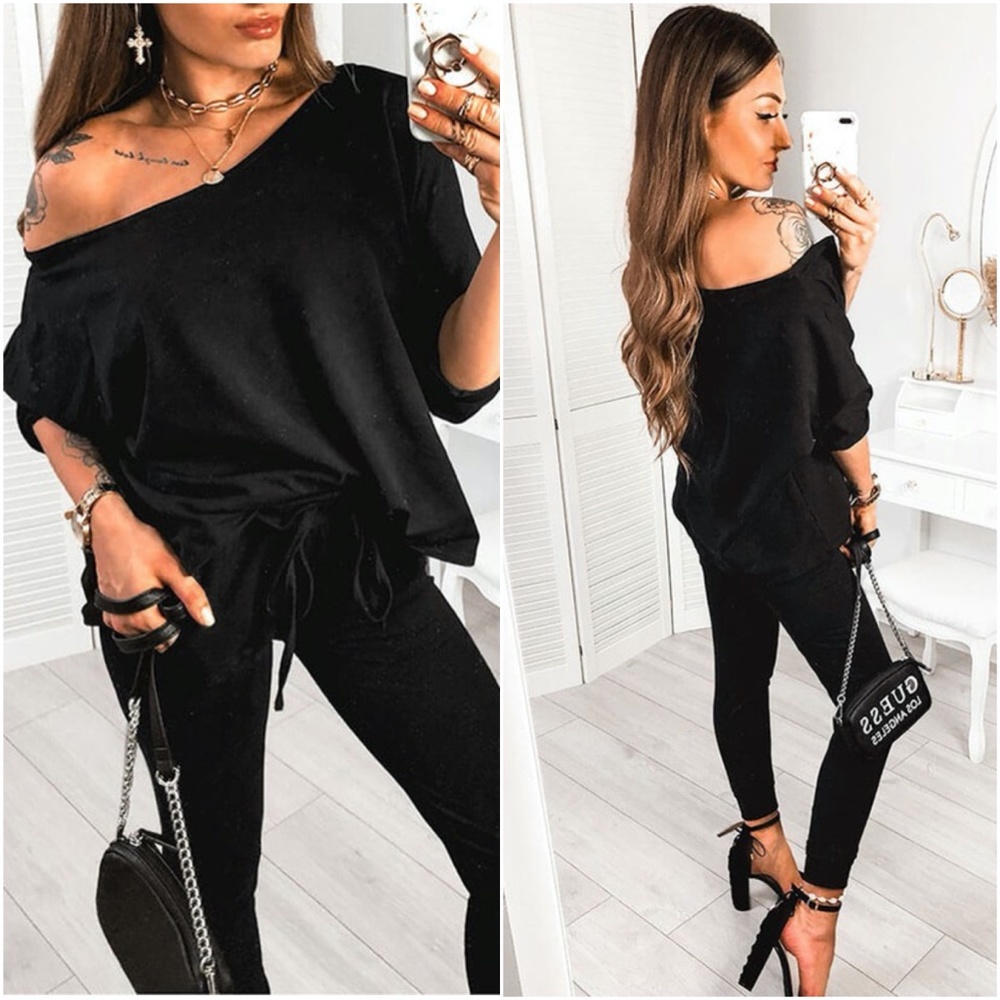 One shoulder 2 piece lounge set - WINE - Picture 2 of 5